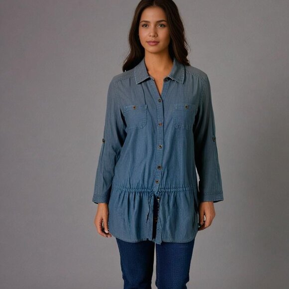 Old Navy Tunic Top Womens Large Blue Drawstring Waist Button Up 2 Pockets Collar - Picture 1 of 4